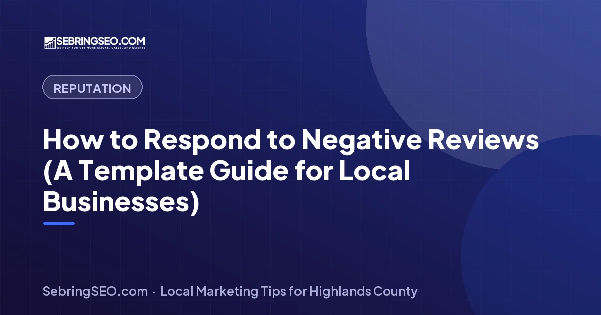 Local business owner calmly typing a professional reply to a negative online review, illustrating Sebring SEO's negative review response template guide