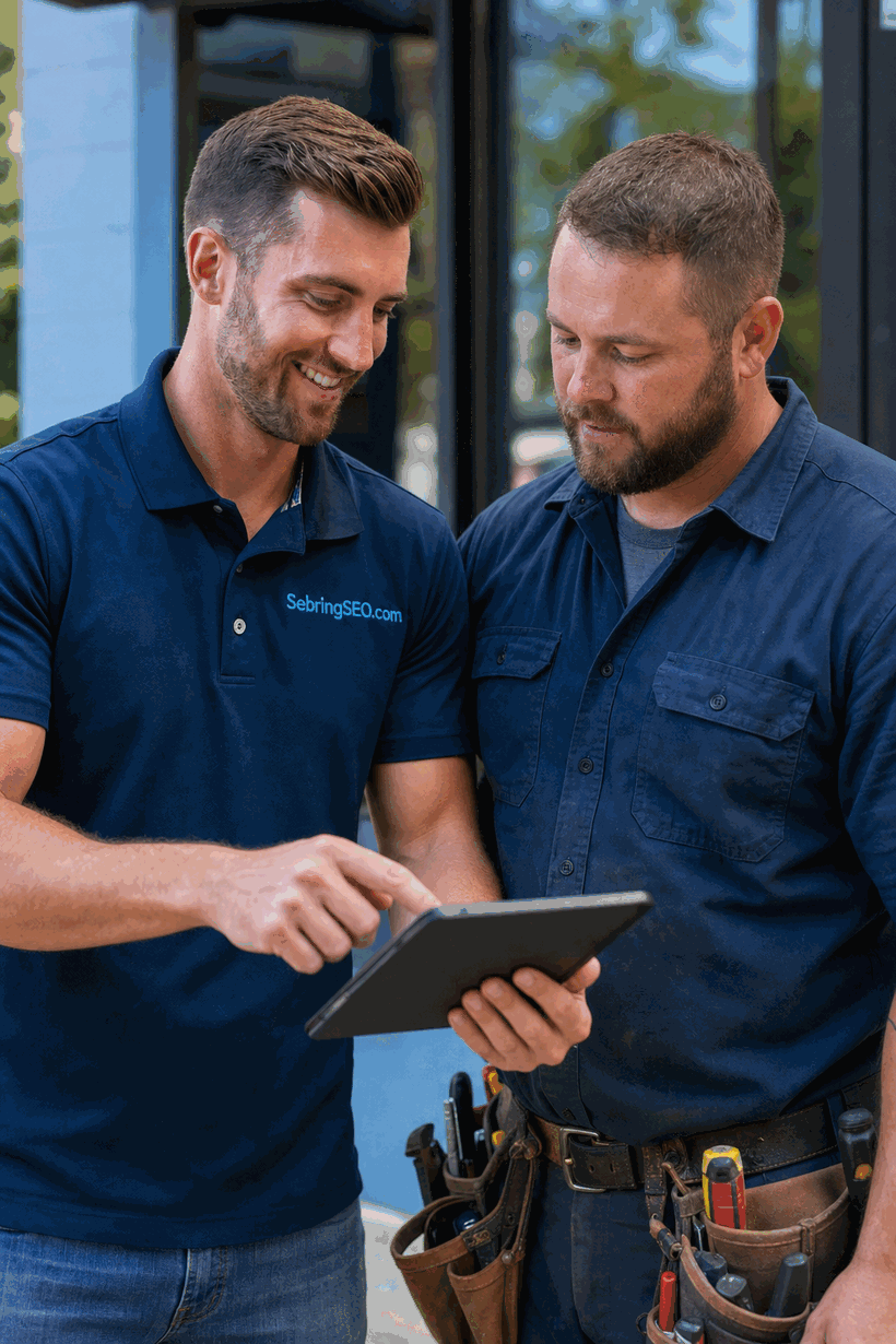 Sebring SEO marketing consultant reviewing local search results with a Sebring, FL electrician on a tablet