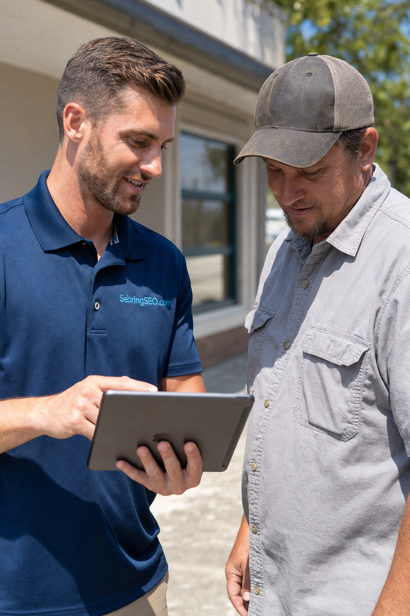 Sebring SEO founder showing a local Sebring contractor his Google Business Profile rankings on a tablet