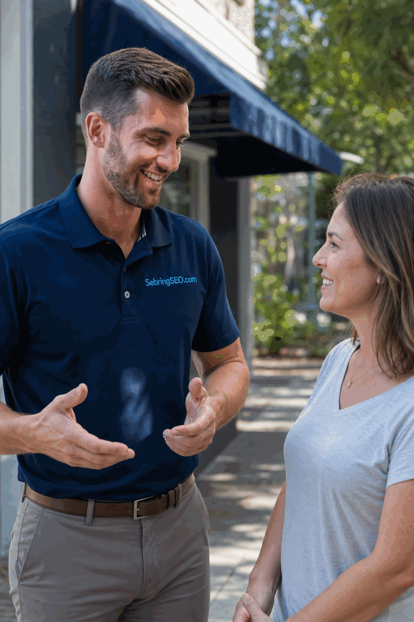 Sebring SEO founder meeting with a happy local Highlands County business owner outside her shop