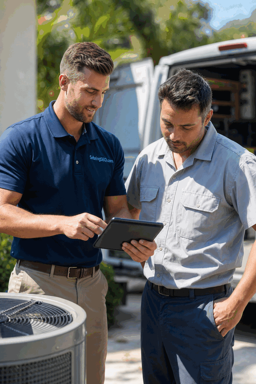 Sebring SEO marketing consultant reviewing local search results with a Lake Placid, FL HVAC technician on a tablet