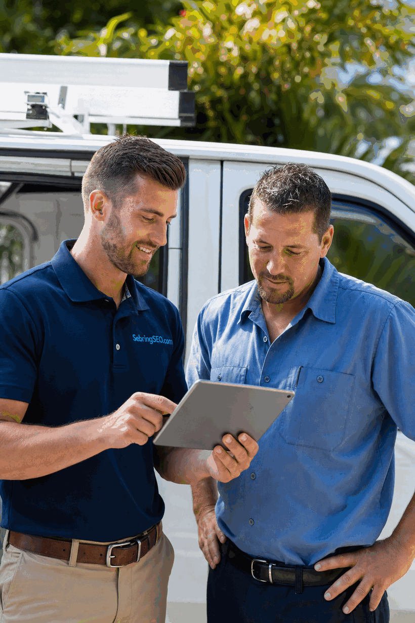 Sebring SEO marketing consultant reviewing local search results with a Avon Park, FL plumber on a tablet
