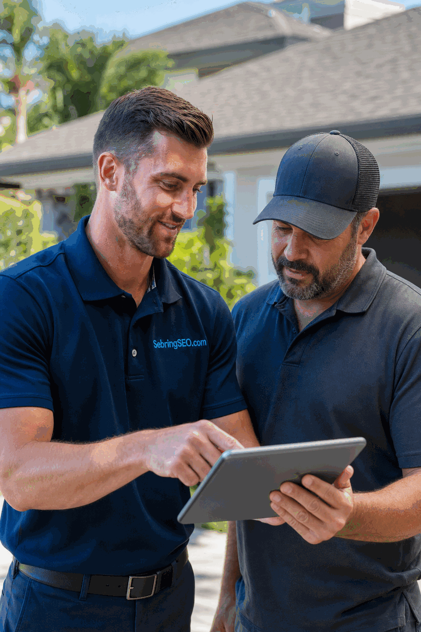 Sebring SEO marketing consultant reviewing local search results with a Lake Placid, FL roofing contractor on a tablet